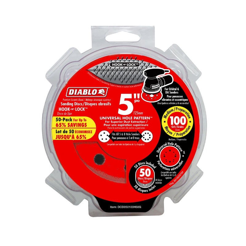 Diablo Hook and Lock ROS Sanding Discs for Wood, Metal and Plastics - 5", 100 Grit, Medium, Ceramic Blend, 50-Pack - DCD050100H50G - Image 2